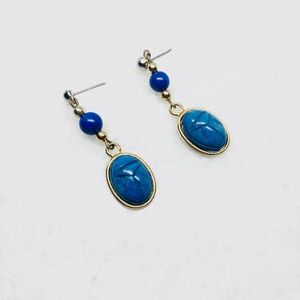 Vintage Blue Stone Scarab Dangle Earrings Egyptian Revival Gold 1.5”  Carved